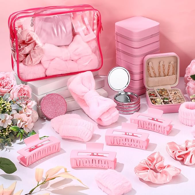 Spa Party Favors Pink Sleepover Party Supplies Bow Headband Wristband Scrunchies Hair Clip Jewelry Case Makeup Bag Mirror for Women Bridesmaid Return Gifts(Pink,96 Pcs)
