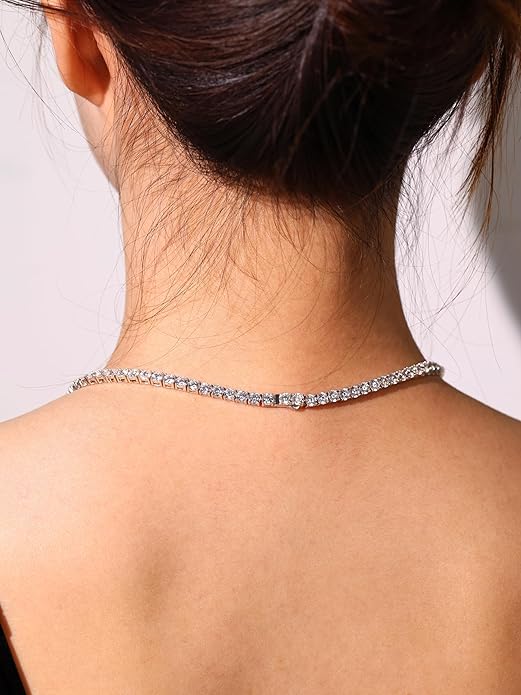 FANCIME Sterling Silver Tennis Necklace 4mm 18 inch Birthstone Necklace with 6 * 8mm Oval Gemstone Luxury Fine Birthday Jewelry Gifts for Women