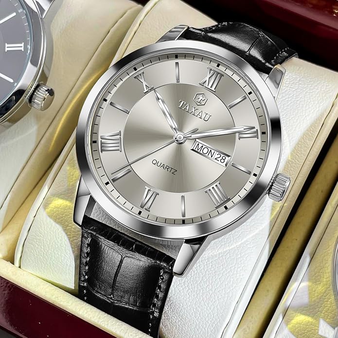 Leather Band Mens Watches with Day Date Quartz Analog Large Face Classic Watch Roman Numerals Dress Luminous Rlojes para Hombres