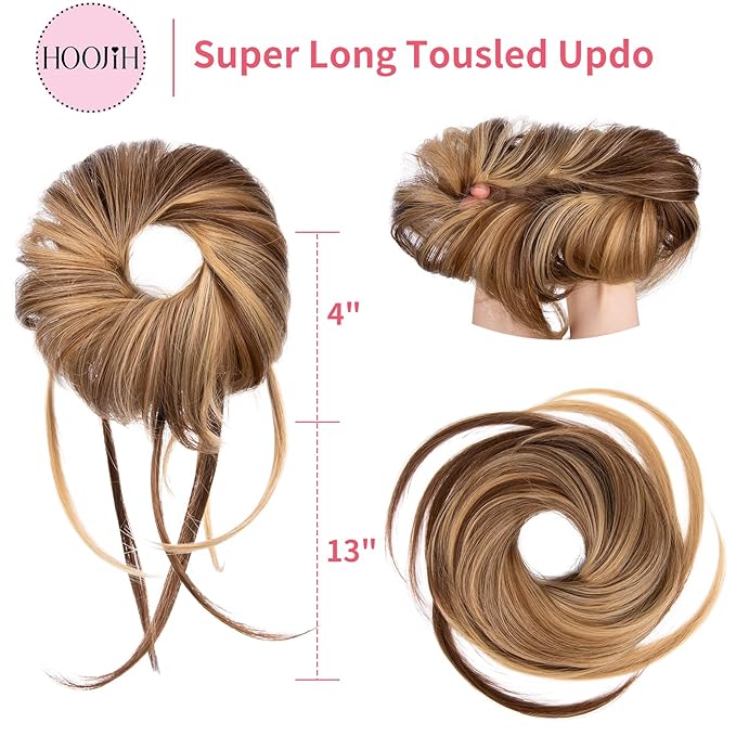 HOOJIH Messy Bun Hair Piece, Super Long Tousled Updo Hair Bun Extensions Wavy Hair Wrap Ponytail Hairpieces Scrunchies with Elastic Band for Women HB007 Grace - Light Ash Brown with Blonde