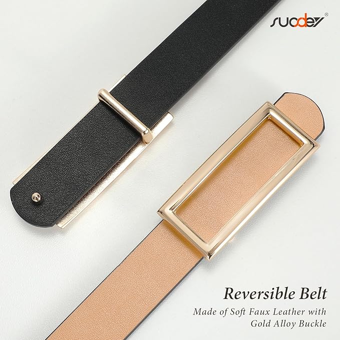 SUOSDEY Women Reversible Leather Belts for Jeans Pants Dresses Ladies Fashion Belts with Gold Buckle, 0.9" Width
