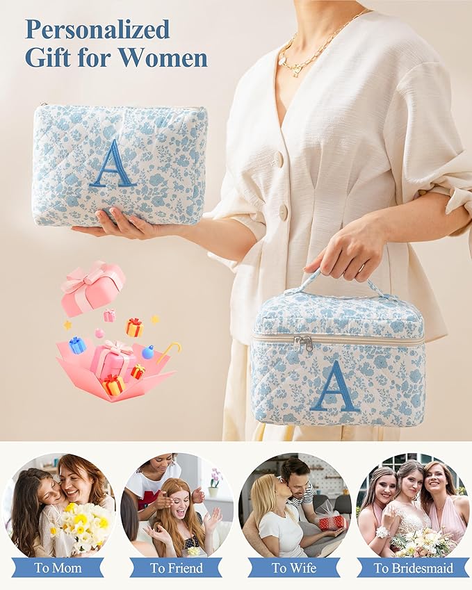 HBselect 2Pcs Initial Makeup Bag, Quilted Makeup Bag, Cotton Large Travel Makeup Bag, Cute Floral Coquette Make up Bag Cosmetic Bag Toiletry Bag for Women Girls H
