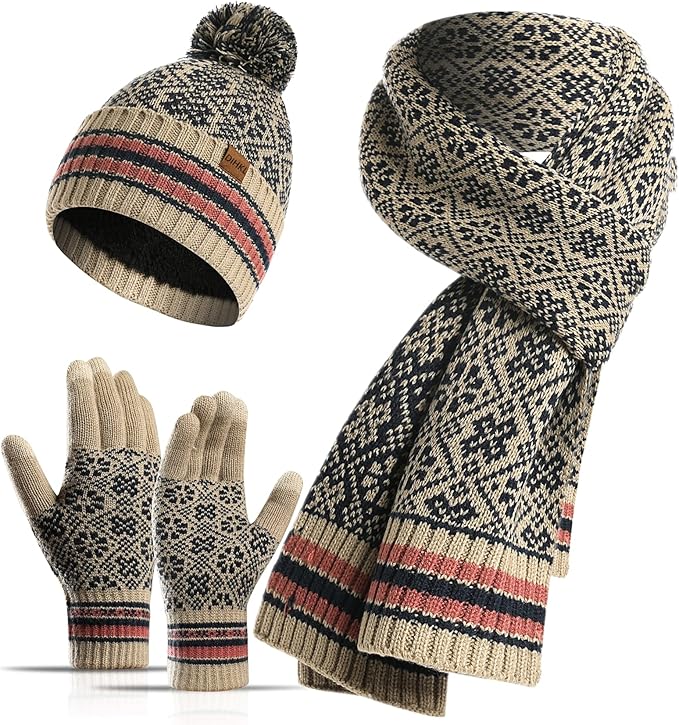 Winter Hat Scarf Gloves Set for Women Womens Knit Warm Hat Beanie Long Scarf Touchscreen Gloves Skull Caps Neck Scarves