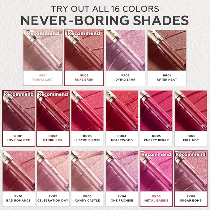 FOCALLURE Metallic Liquid Lipstick,Non Stick Cup Lip Gloss,High Impact Lip Color with Transfer-proof Wear,Long Lasting & Waterproof Lipstick Makeup for Women,RD02 Painkiller