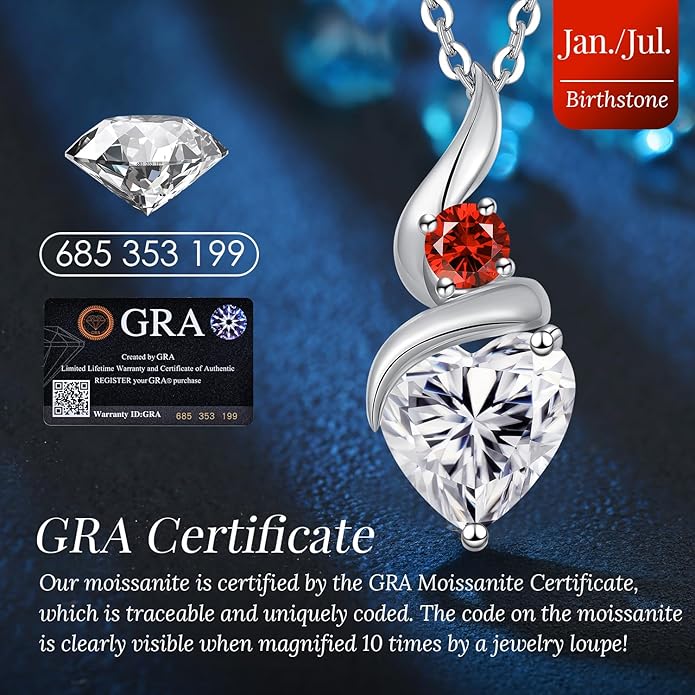 ANDSO Moissanite Heart Pendant Necklaces for Women, 925 Sterling Silver Necklace with Birthstone, Ideal Anniversary Present or Birthday Christmas Valentine Jewelry Gifts for Mom Wife Her Girlfriend
