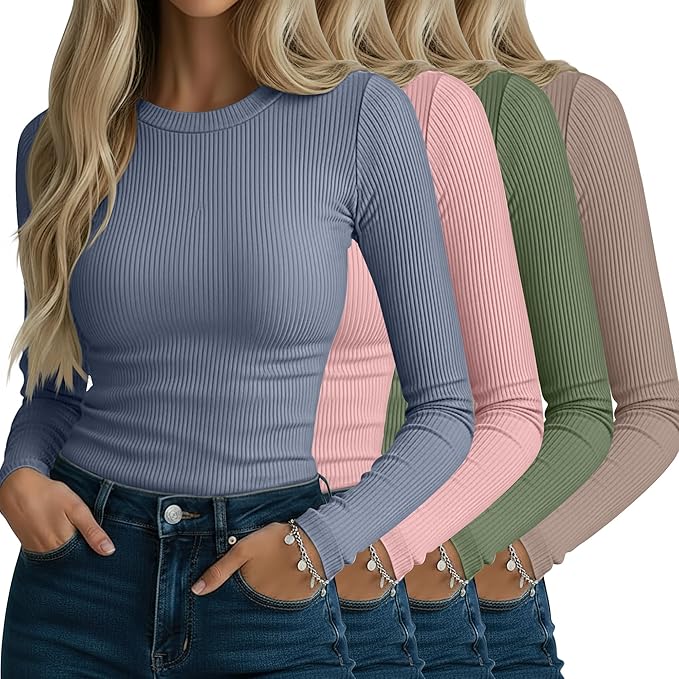 Neer 4 Pack Women's Ribbed Long Sleeve Shirts, Cotton Crew Neck Slim Fit Tops Stretch Knit Casual Base Layer Basic Tee Shirts