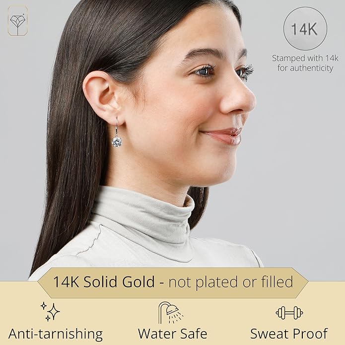 14k Gold Leverback Cubic Zirconia Dangle Earrings | Solid Real White or Yellow Gold Dangle Earrings for Women | 1-8 CT.TW 14k Gold Earrings for Women | CZ Cubic Zirconia Drop Earrings by MAX + STONE