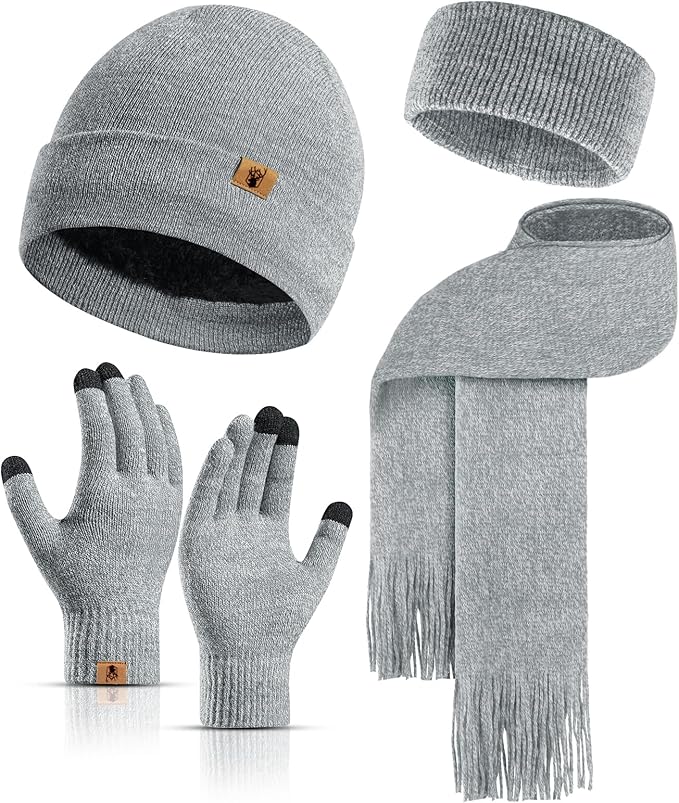 Winter Warm Beanie Hat Touchscreen Gloves Long Scarf Set for Women with Headband, Knit Cap Scarves with Tassel for Women