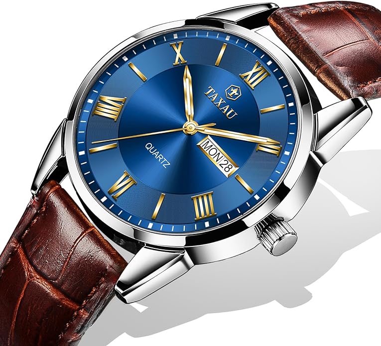 Leather Band Mens Watches with Day Date Quartz Analog Large Face Classic Watch Roman Numerals Dress Luminous Rlojes para Hombres