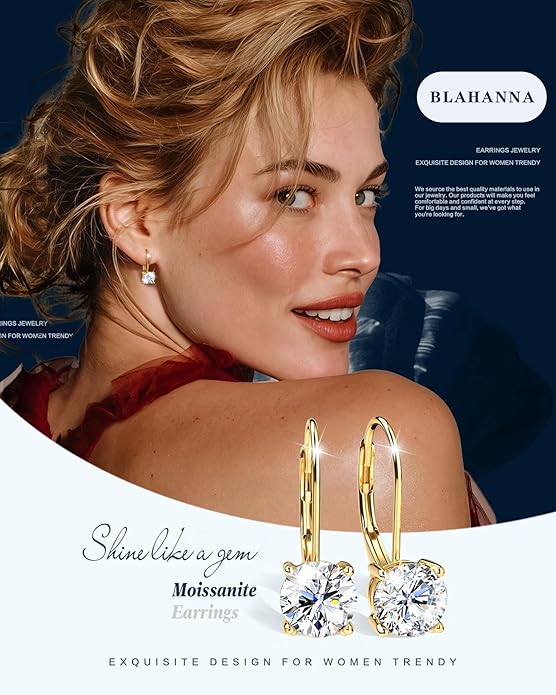 Moissanite Earrings,1.0ct-2.0ct D Color Brilliant Round Cut Earring 18K White Gold Plated Sterling Silver Dangle Earrings Moissanite Leverback Drop Earring s
