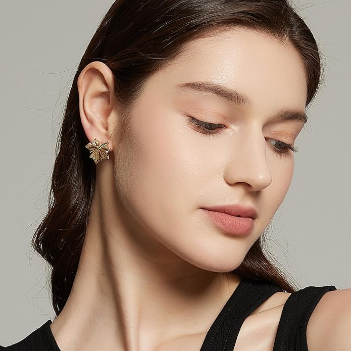 Large Gold Earrings for Women, Chunky Gold Statement Drop Dangle Earring Maple Leave Ginko Leaf Jewelry Gifts