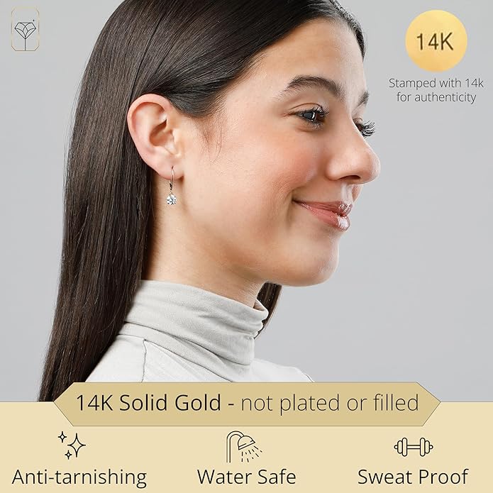 14k Gold Leverback Cubic Zirconia Dangle Earrings | Solid Real White or Yellow Gold Dangle Earrings for Women | 1-8 CT.TW 14k Gold Earrings for Women | CZ Cubic Zirconia Drop Earrings by MAX + STONE