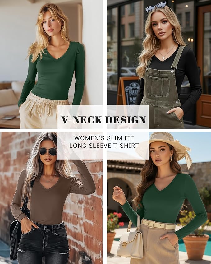 Ficerd 3 Pack Women's Long Sleeve Shirts, V Neck Basic Tees Slim Fitted Casual Fall Tops Going Out Blouses T Shirts