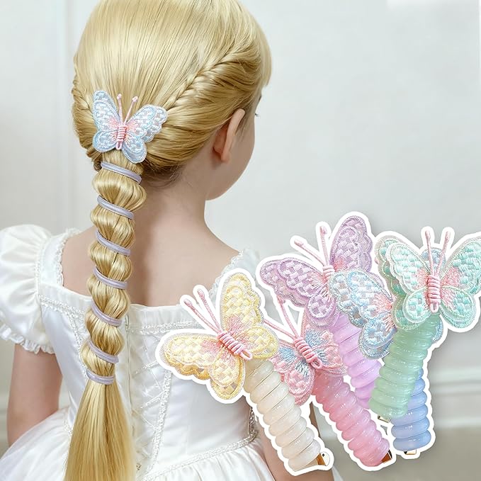 5PC Pearl Butterfly Telephone Wire Hair Ties – Spiral Elastic Bubble Ponytail Hair Bands for Women & Girls, No Damage, Soft & Stretchy Hair Accessories for High Ponytails and Braids(set-A)