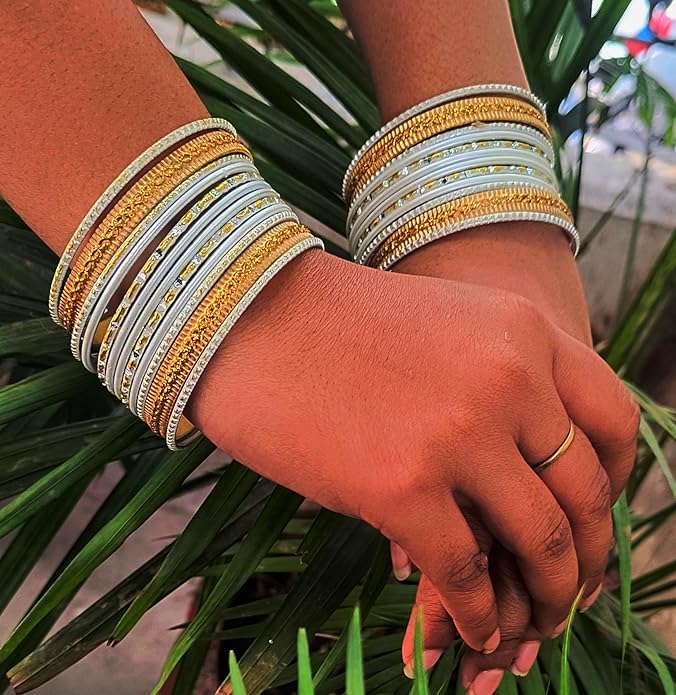 Touchstone Indian Metal Bangles for Women Gold Alloy Bracelets desi 2 Dozen Bangle Collection Bollywood Women's Jewelry Set Multi Stacking Wide Chunky Textured Golden Set of 24 in Gold or White Tone
