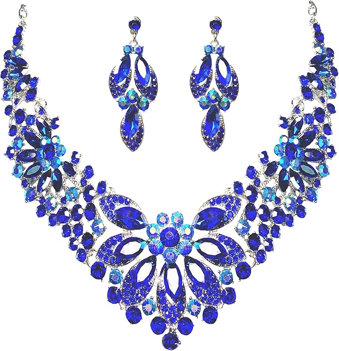 Women Jewelry Set Rhinestone Crystal Green Bride Statement Choker Necklace Teardrop Cluster Dangle Earrings Set for Wedding Party