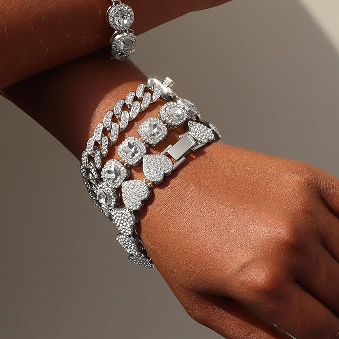 4PCS Gold Bracelets for Women Silver Clustered Tennis Bracelet for Women Heart Round Diamond Cuban Bracelet Layered Link Bracelet Set Fashion Jewelry for Women Set
