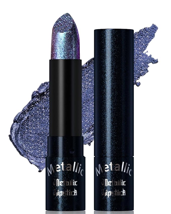 Glitter Metallic Blue Lipstick Shimmer Lip Stick Long Lasting,Diamond Cream Shimmer Nude Tinted Lip Gloss High Pigmented,Metallic Matte Red Lipcolor Stain Women Christmas Non Stick Lips Makeup-14
