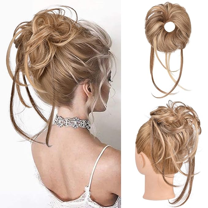 HOOJIH Messy Bun Hair Piece - Super Long Tousled Updo Extensions, Wavy Wrap Ponytail Hairpieces, Scrunchies With Elastic Band HB007 Grace - Light Brown With Blonde Mixed