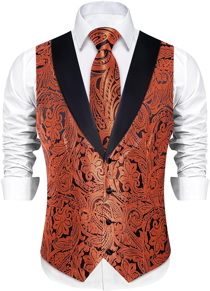 DiBanGu Mens Paisley Suit Vest Silk Jacquard Waistcoat and Necktie Set Formal Shawl Collar Dress Vest 7PCS for Wedding Party