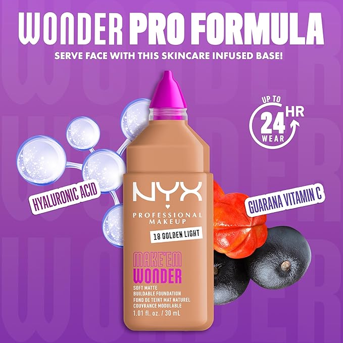NYX PROFESSIONAL MAKEUP Make 'Em Wonder Liquid Foundation, 24HR Foundation Makeup With A Soft Matte Finish, Buildable Full Coverage - 18 Golden Light