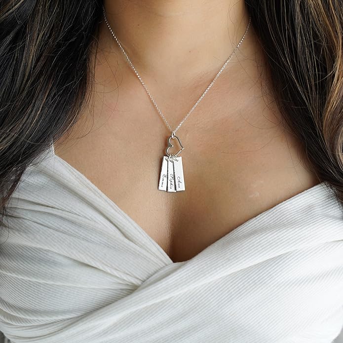 AJ's Collection Triple Bar Sterling Silver Personalized Necklace with Heart Charm. Includes 3 Customizable Charms and your Choice of Sterling Silver Chain. Gifts for Her, Mom, Wife