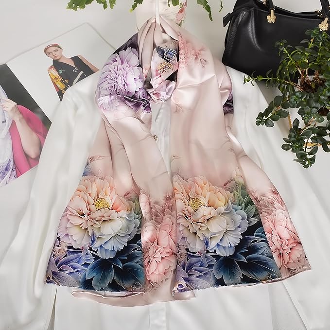 100% Mulberry Silk Scarf for Women Neck Oblong Headscarves Long Floral Print Lightweight Silk Wraps Shawls 67"*20"