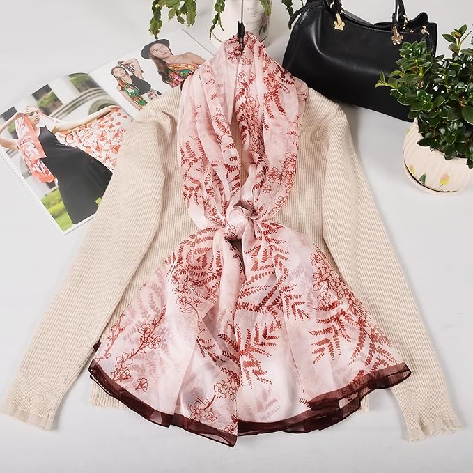 100% Mulberry Silk Women's Neck Silk Scarf-Lightweight Shawl,FLoral Print Beach Silk Wrap-Scarves for Photography