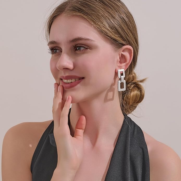 MUYAN Gold Silver Geometric Drop Dangle Earrings for Women Brushed Link Square Dangle Earrings Trendy Jewelry