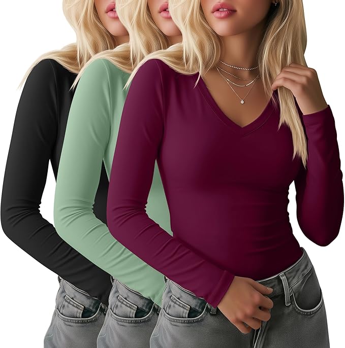 Ficerd 3 Pack Women's Long Sleeve Shirts, V Neck Basic Tees Slim Fitted Casual Fall Tops Going Out Blouses T Shirts