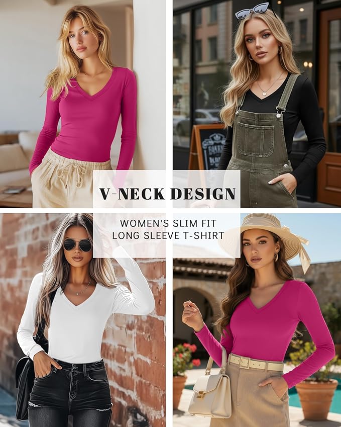 Ficerd 3 Pack Women's Long Sleeve Shirts, V Neck Basic Tees Slim Fitted Casual Fall Tops Going Out Blouses T Shirts