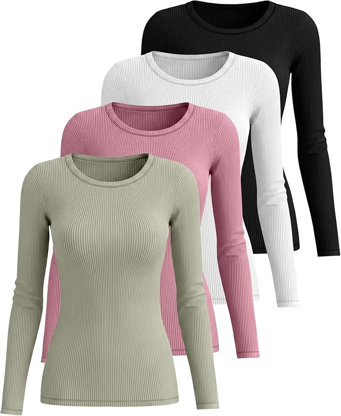 Neer 4 Pack Women's Ribbed Long Sleeve Shirts, Cotton Crew Neck Slim Fit Tops Stretch Knit Casual Base Layer Basic Tee Shirts