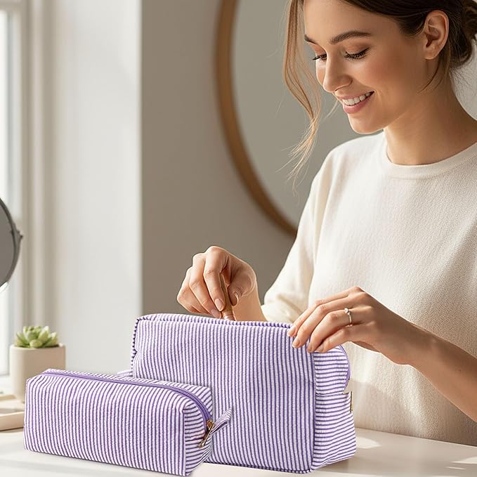 Sanwuta 2 Pcs Makeup Bag Set Seersucker Cosmetic Bag for Women Cute Stripe Travel Toiletry Organizer Aesthetic Preppy Storage Pouch for Girls Wedding Bridesmaid Valentine's Day Gifts(Purple)