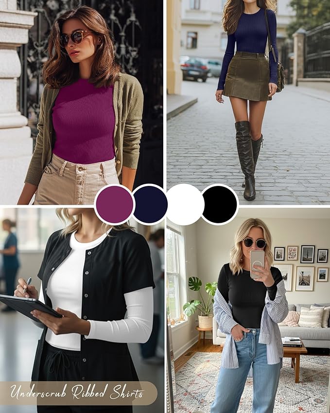Neer 4 Pack Women's Ribbed Long Sleeve Shirts, Cotton Crew Neck Slim Fit Tops Stretch Knit Casual Base Layer Basic Tee Shirts