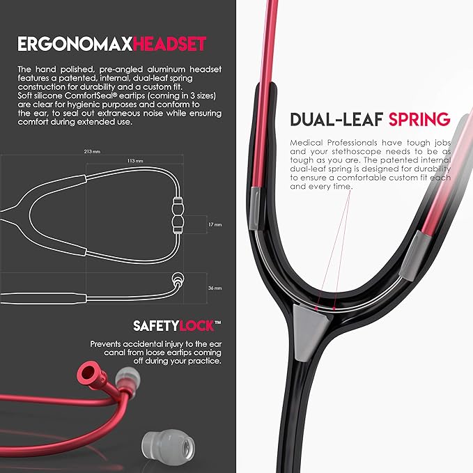 MDF Instruments, Acoustica Lightweight Stethoscope for Doctors, Nurses, Students, Home Health Use, Adult, Dual Head, Black Tube, Red Chestpiece-Headset, MDF747XPR11