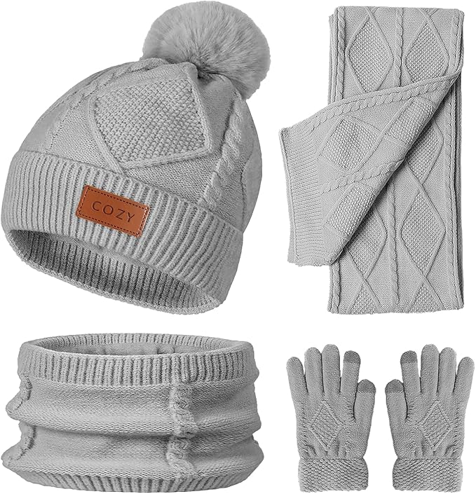 4 Pieces Winter Hat Scarf Glove Set for Women,Fleece Lined Beanie with Pom Pom,Touchscreen Gloves Knit Scarf for Cold Weather