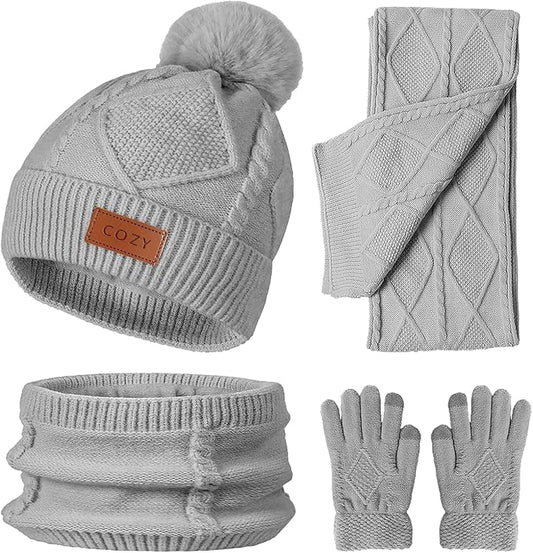 4 Pieces Winter Hat Scarf Glove Set for Women,Fleece Lined Beanie with Pom Pom,Touchscreen Gloves Knit Scarf for Cold Weather