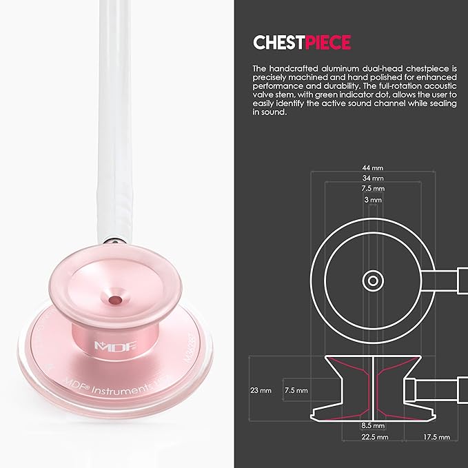 MDF Instruments, Acoustica Lightweight Stethoscope for Doctors, Nurses, Students, Home Health Use, Adult, Dual Head, White Tube, Rosegold (Matte Finish) Chestpiece-Headset, MDF747XPRG29