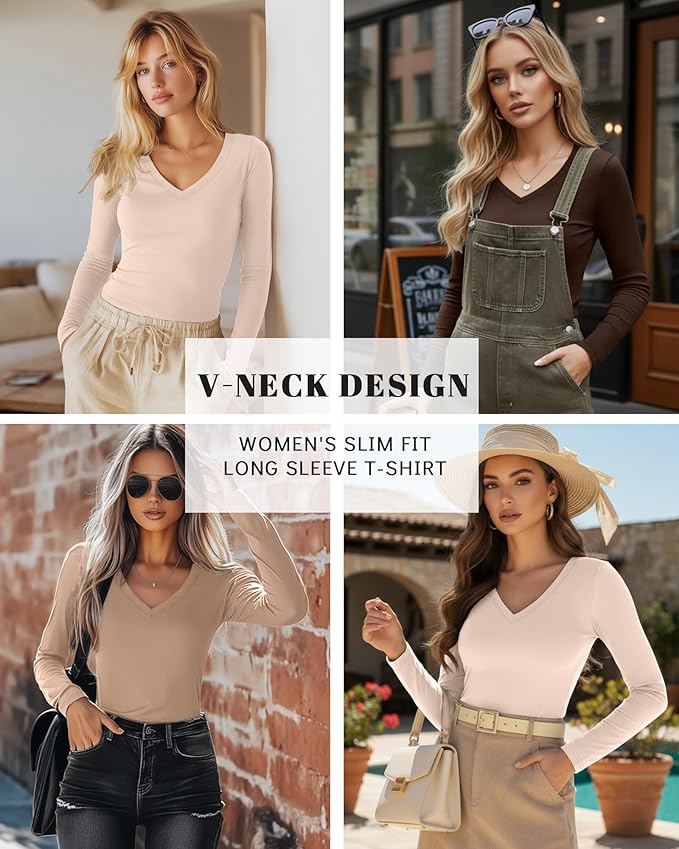 Ficerd 3 Pack Women's Long Sleeve Shirts, V Neck Basic Tees Slim Fitted Casual Fall Tops Going Out Blouses T Shirts