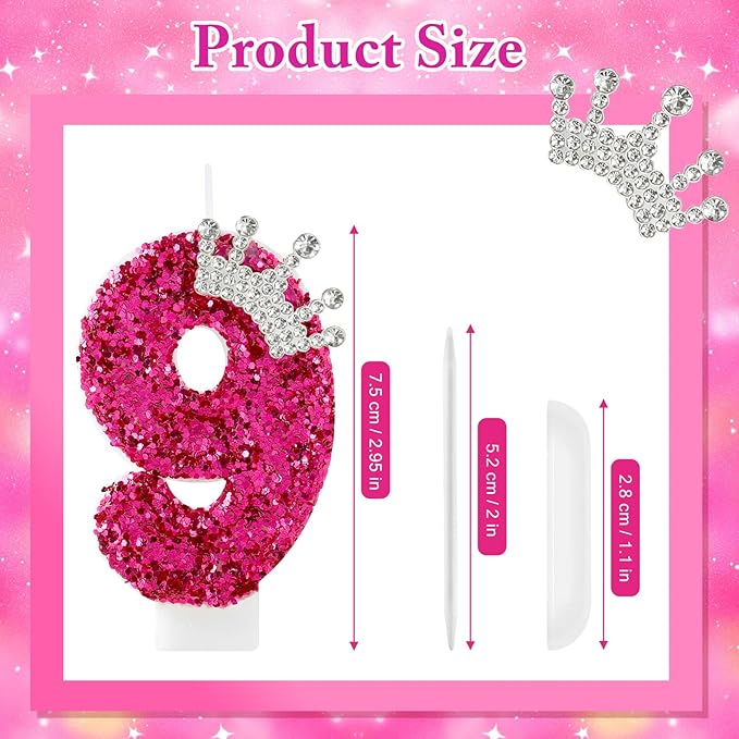 Hot Pink Birthday Candles Crown Number 9 Candle Birthday Party Decorations Cake Topper Cupcake Decor for Anniversary Celebrations Supplies