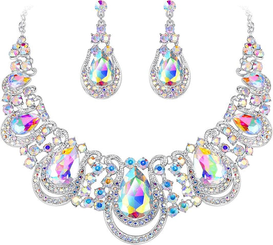 BriLove Women's Costume Fashion Crystal Teardrop Hollow Scroll Statement Necklace Dangle Earrings Set