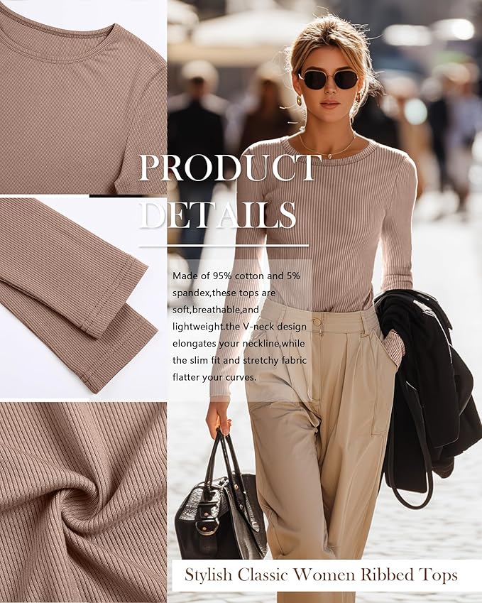 Neer 4 Pack Women's Ribbed Long Sleeve Shirts, Cotton Crew Neck Slim Fit Tops Stretch Knit Casual Base Layer Basic Tee Shirts