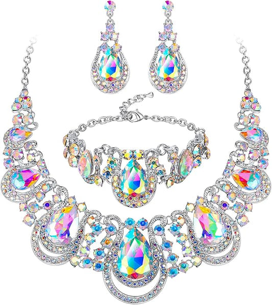 BriLove Women's Teardrop Crystal Statement Necklace Cluster Hollow Dangle Earrings Chain Bracelet Bib Jewellery Set for Wedding Bride Bridesmaid