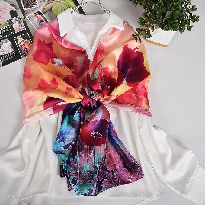 100% Mulberry Silk Scarf for Women Neck Oblong Headscarves Long Floral Print Lightweight Silk Wraps Shawls 67"*20"