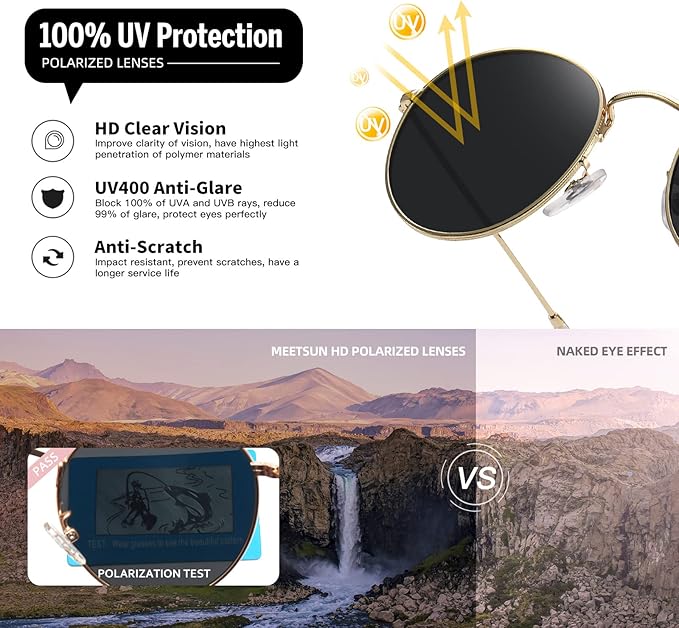 MEETSUN Round Polarized Sunglasses for Women Men Classic Retro Metal Frame Sun Glasses UV Protection