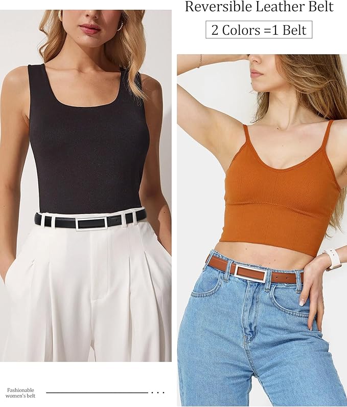 AWAYTR Women Reversible Leather Belt - Two-in-One Women Fashion Skinny Belt for Jeans with Golden Buckle