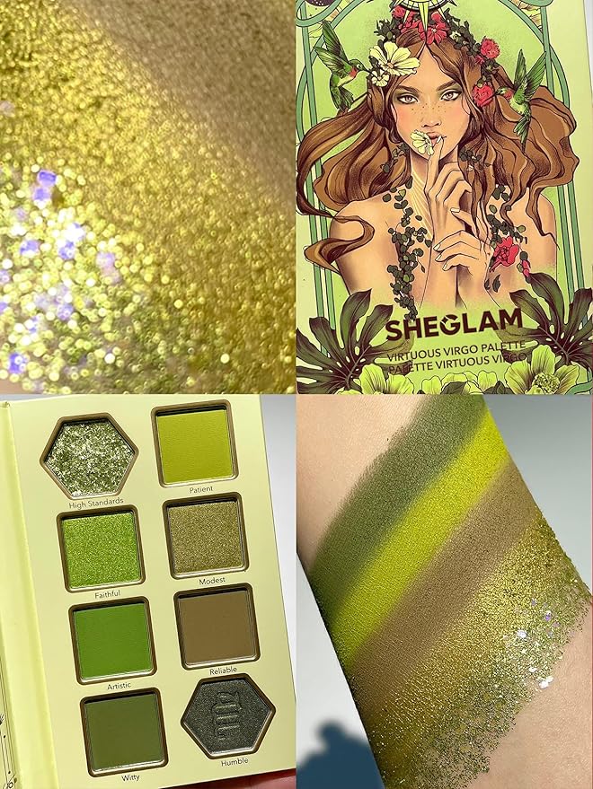 SHEGLAM Glitter Metallic Eyeshadow Palette 8-Color High Pigment Green Gold Long Wearing Horoscope Collection Eye Shadow Palette - Virtuous Virgo