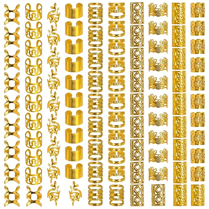 100PCS Gold Hair Jewelry for Women Braids, Hair Accessories for Girls Women, Assorted Gold Hair cuffs Ear Clips Loc Beads for Hair Decoration