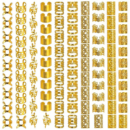 100PCS Gold Hair Jewelry for Women Braids, Hair Accessories for Girls Women, Assorted Gold Hair cuffs Ear Clips Loc Beads for Hair Decoration