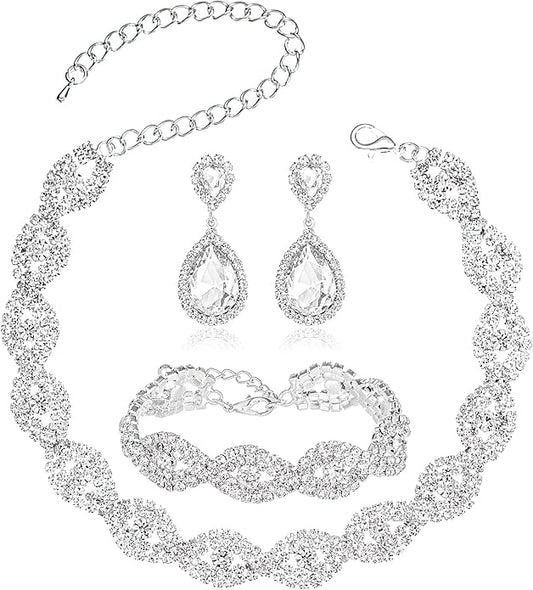 3/4 Pieces Women Jewelry Set Artificial Rhinestone Crystal Bride Statement Choker Necklace Tiara Crown Link Bangle Bracelet Teardrop Dangle Earrings Set